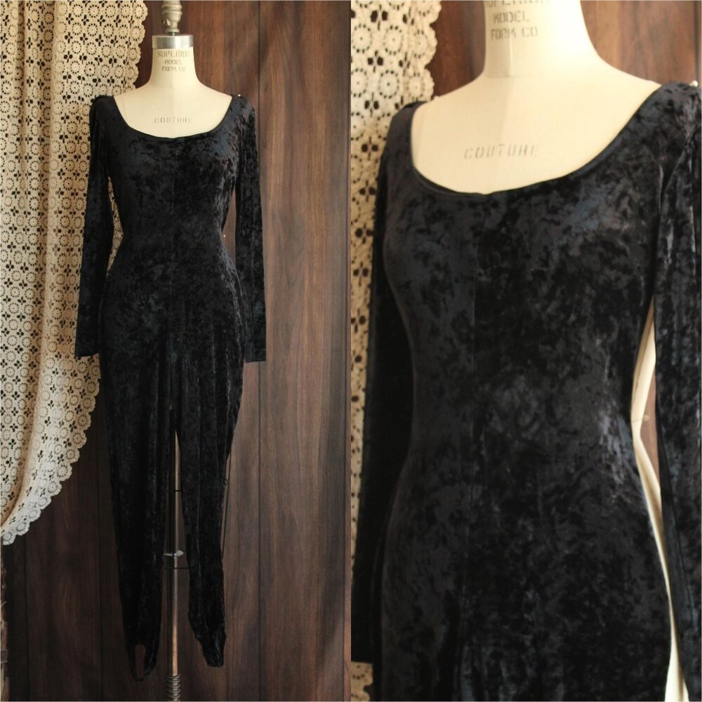 Vintage 1980s 1990s Catsuit, JM By Shelli Segal Black Crushed Velvet Jumpsuit